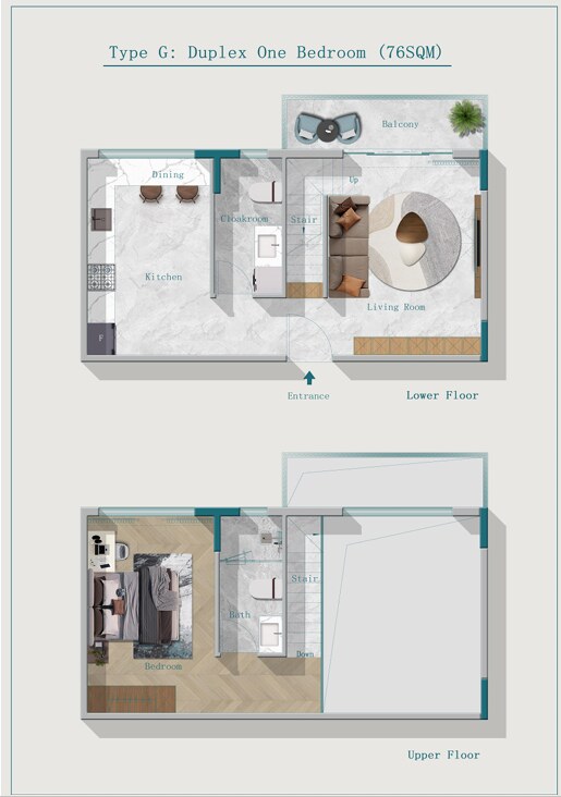 76 sqm one bedroom duplex floor plan