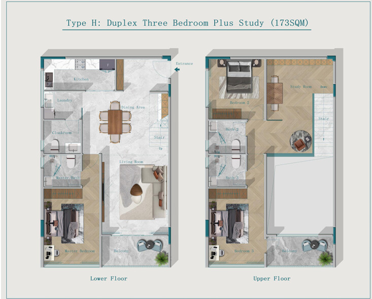 173 sqm three bedroom plus study duplex floor plan