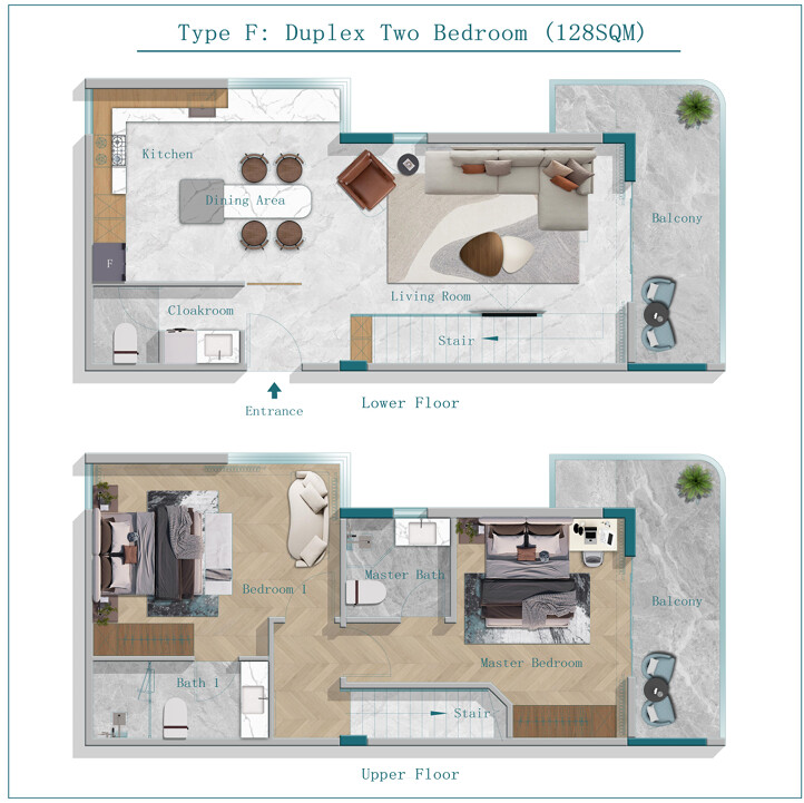 128 sqm two bedroom plus study duplex floor plan