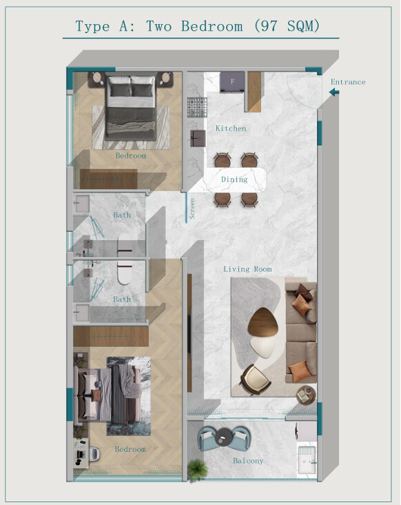 97 sqm two bedroom apartment floor plan