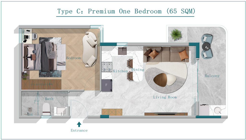 65 sqm premium one bedroom floor plan