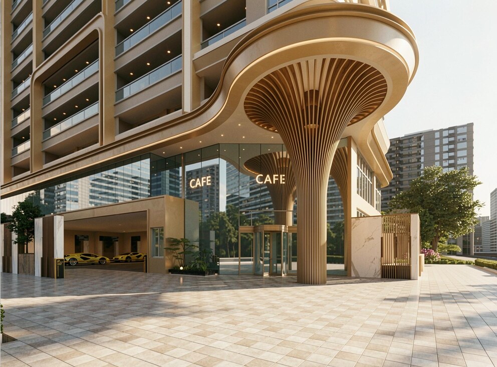 The Vesper Westlands Residency arrival plaza with café entrance